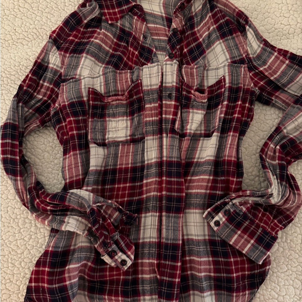 Plaid Blouse - Burgundy and White